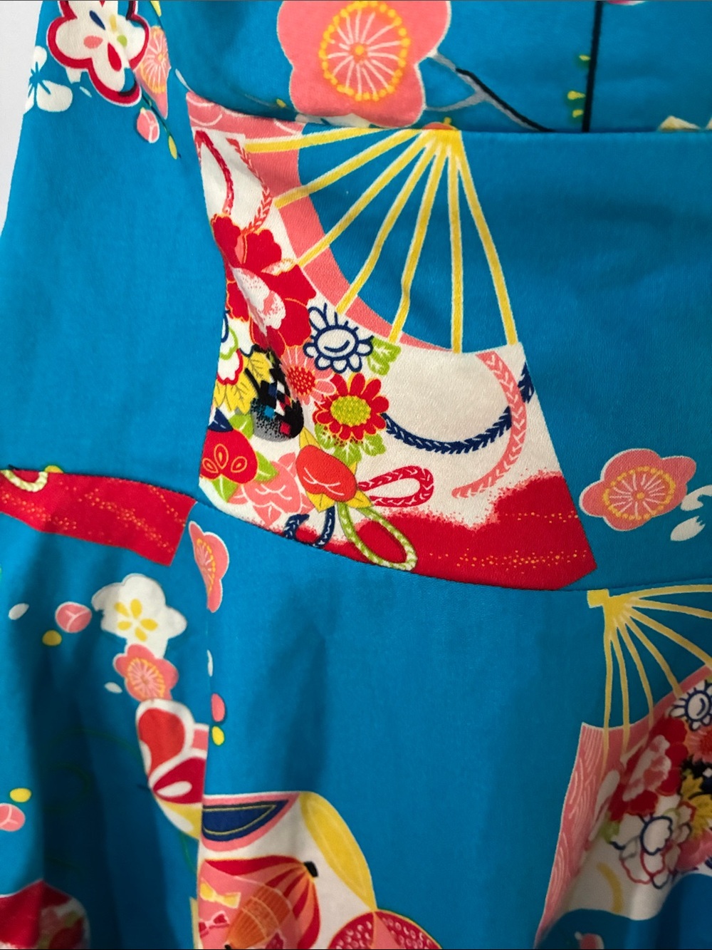 Trashy Diva Teal Floral Fit-and-Flare Geisha Fan Asian Dress with Red Bust - Picture 5 of 12